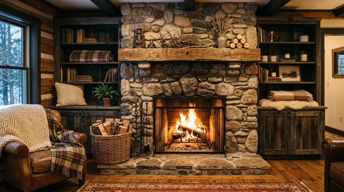 Add architectural detail only where it helps inspiration for a living room with fireplace built-ins.